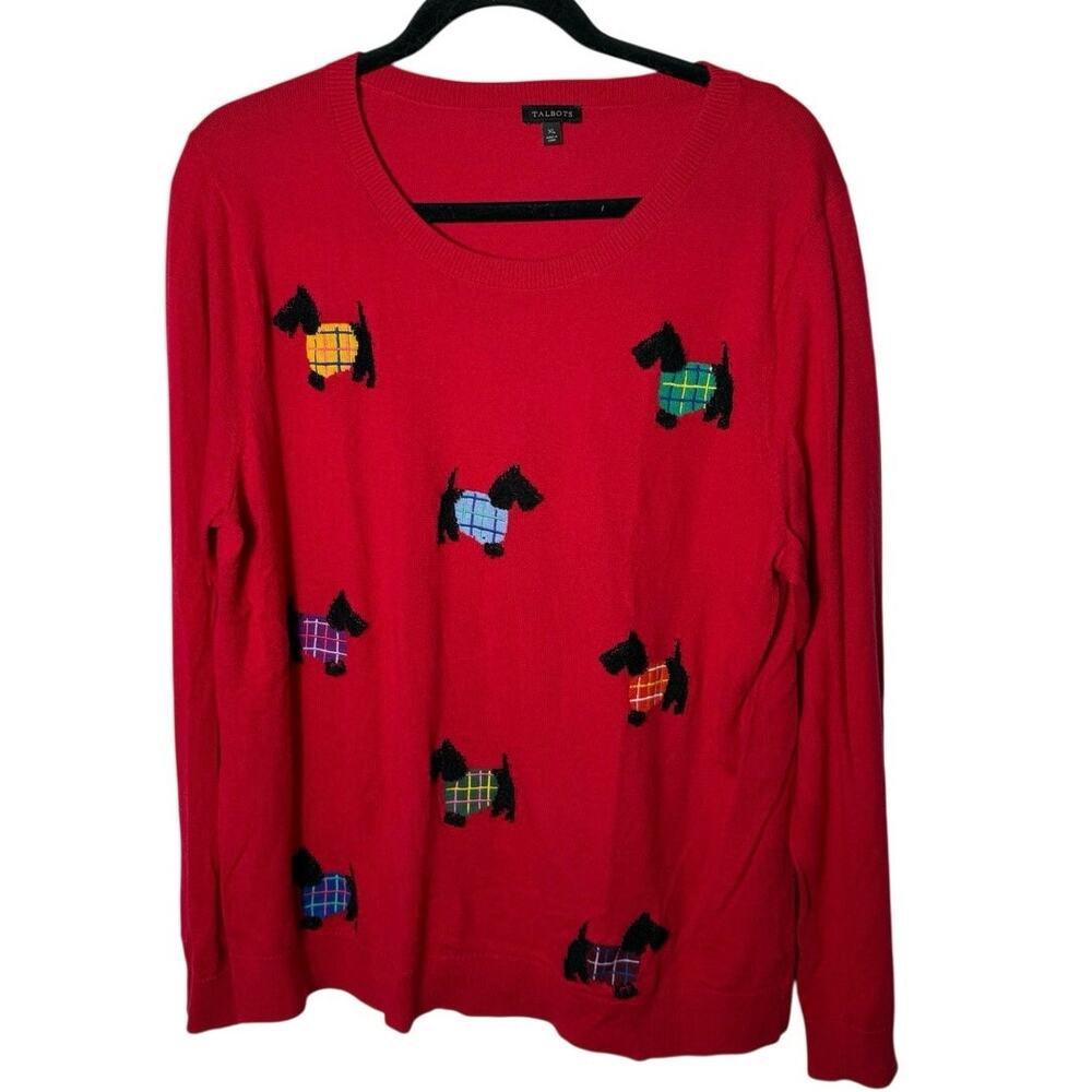 Talbots XL Red 3D Scottie Dogs Novelty Knit Crewneck Sweater 5% Cashmere Light - Picture 2 of 8